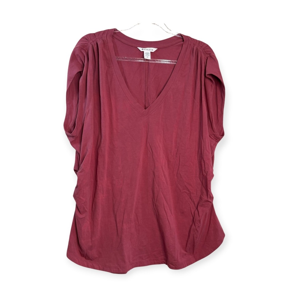 Athleta Womens 2X V-Neck Short Sleeve Ruched Side Tee Mauve Cotton Blend